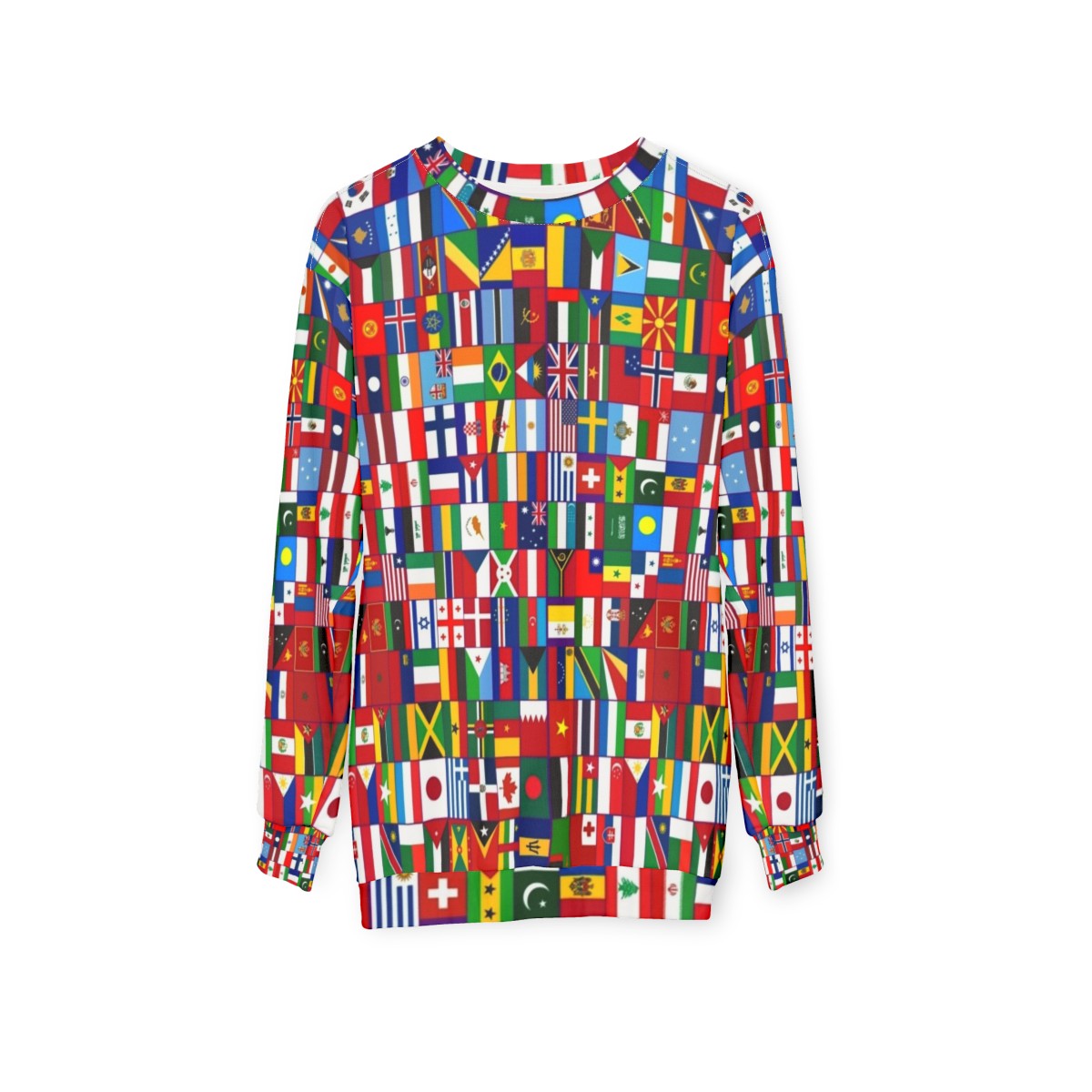 Flags of the World Sweatshirt showcasing cultural diversity - hanging