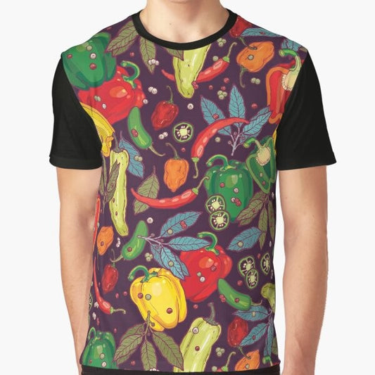 Graphic t-shirt featuring a colorful pattern of various spicy peppers and peppercorns, including jalapeño, bell pepper, and habanero.