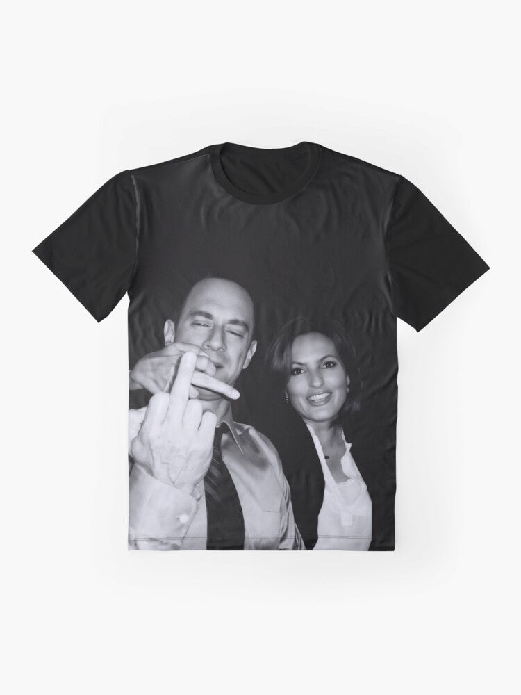 Graphic t-shirt design featuring the actors who play Elliot Stabler and Olivia Benson from the TV series "Law & Order: Special Victims Unit" making a defiant gesture. - Flat lay