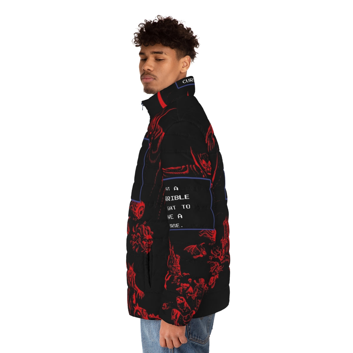 A puffer jacket with a gothic, Castlevania-inspired design featuring Dracula and other iconic horror elements. - men side left