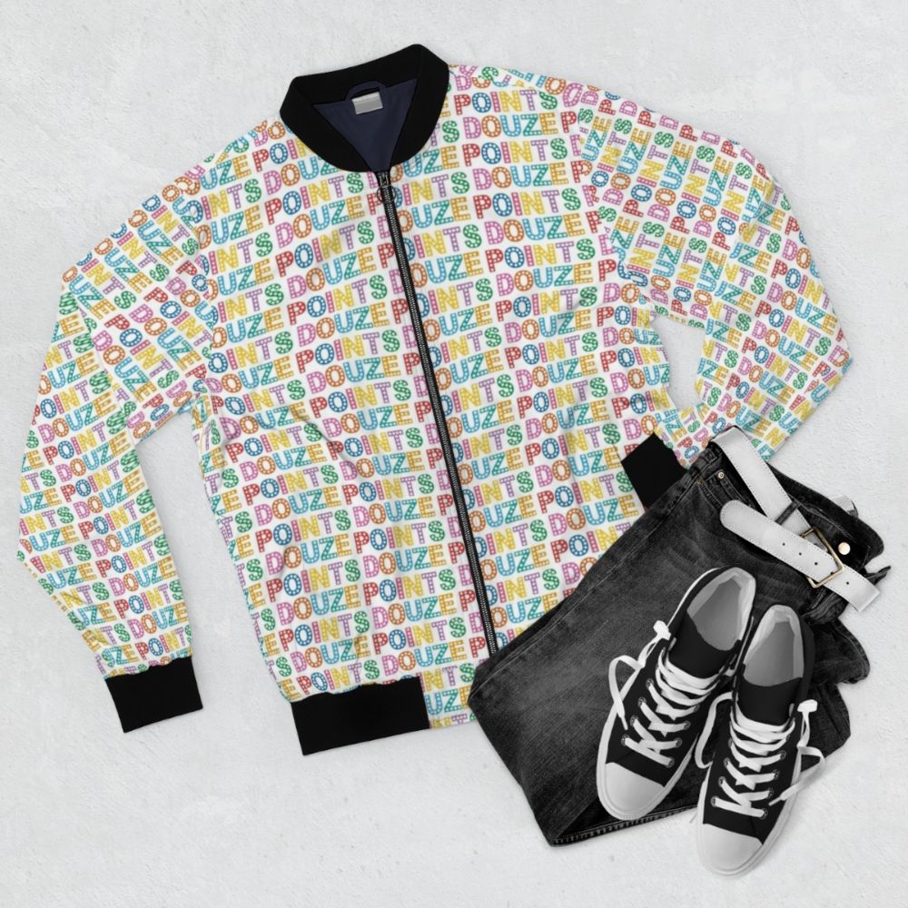 Eurovision 12 Points Bomber Jacket with scoreboard and Eurovision themed design - Flat lay