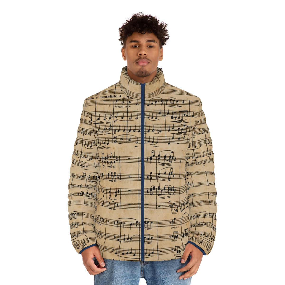 Puffer jacket featuring Beethoven's 9th symphony sheet music on antique paper - men front