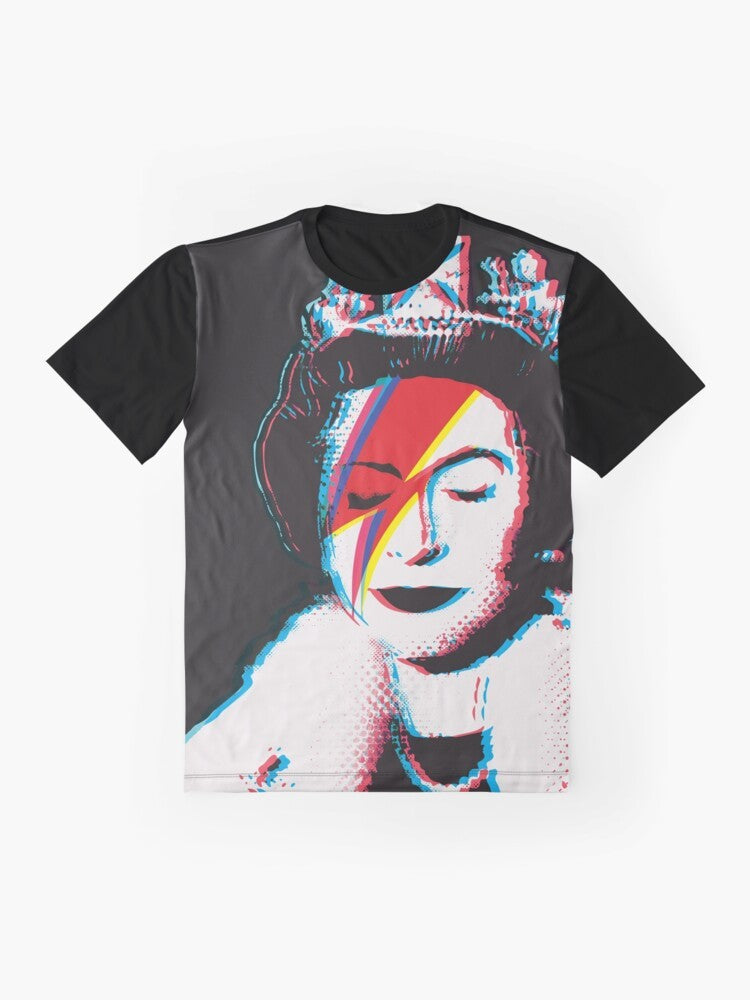 Banksy inspired graphic t-shirt featuring Queen Elizabeth with a music/urban art design in a retro 3D anaglyph style - Flat lay