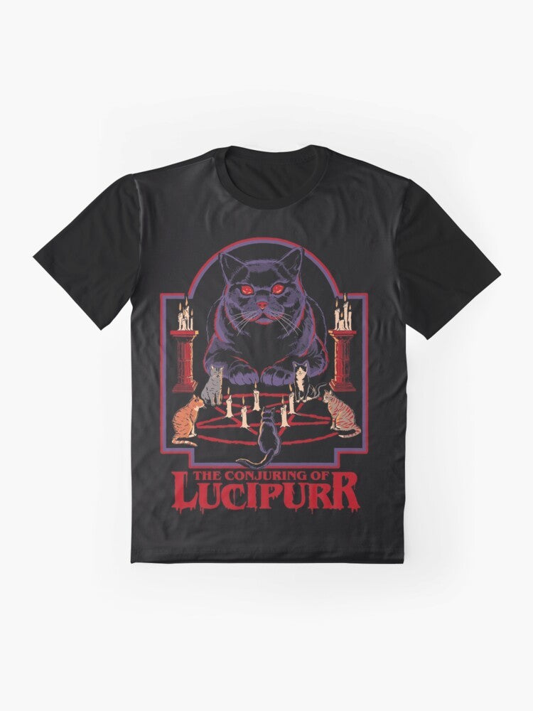 Lucipurr retro occult cat graphic t-shirt with pentagram and flames - Flat lay