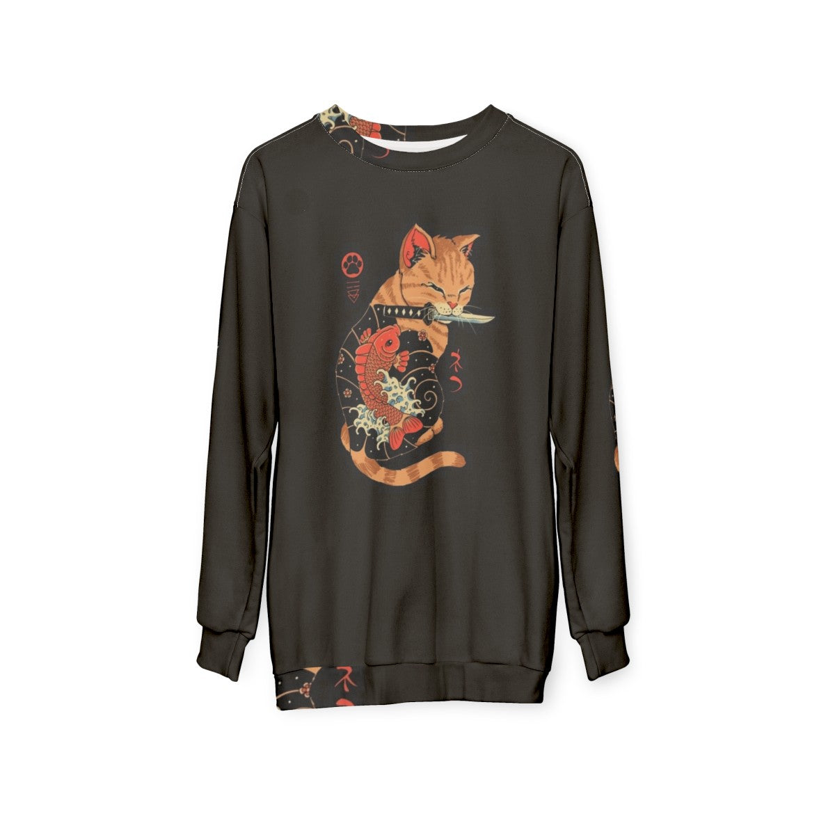 Retro cat sweatshirt with japanese carp tattoo design - hanging