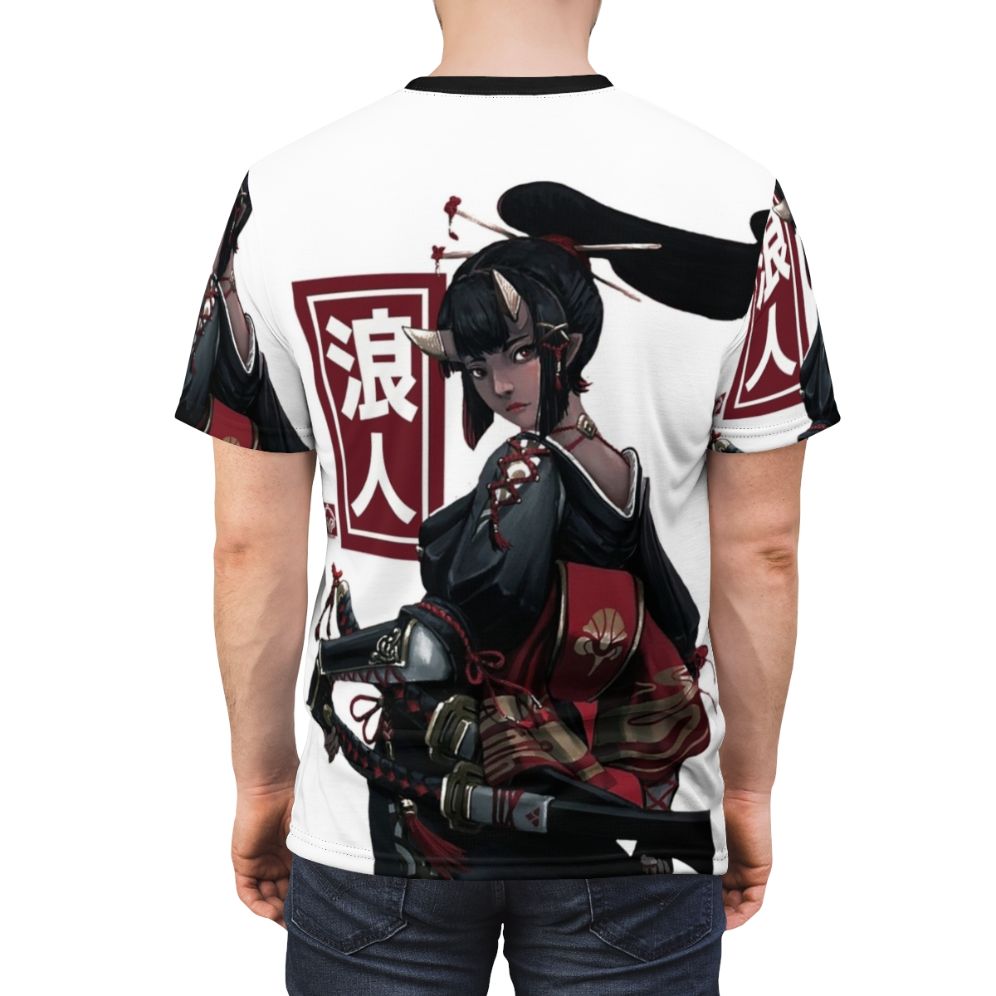 Japanese-inspired cyberpunk aesthetic t-shirt featuring ninja, samurai, and geisha elements - men back