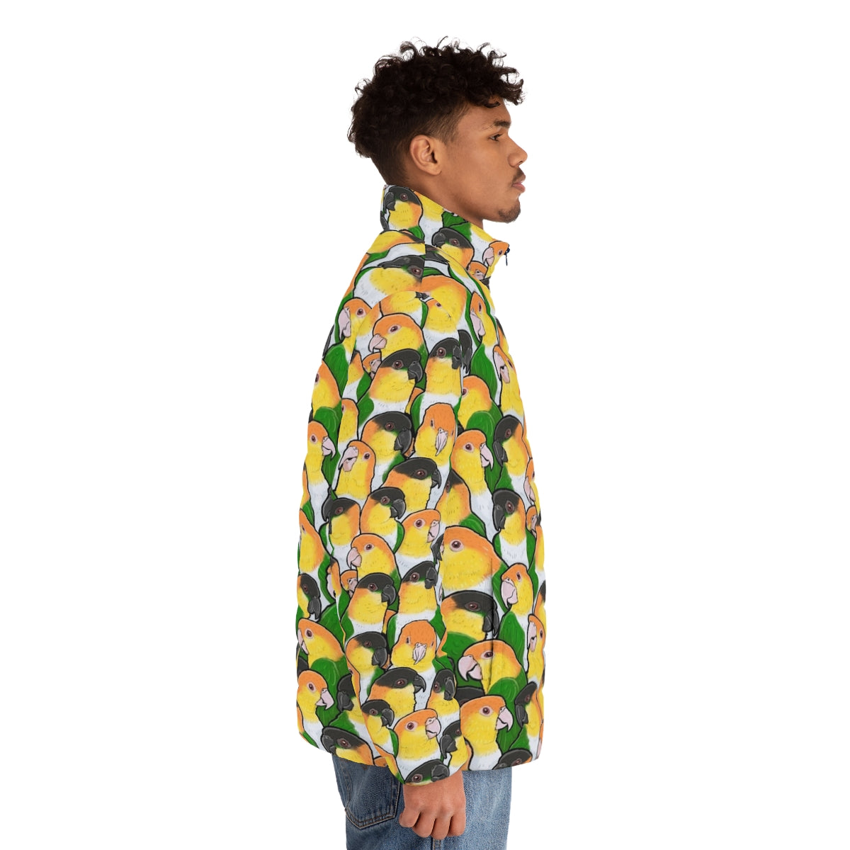 Caique parrot wearing a stylish puffer jacket - men side right