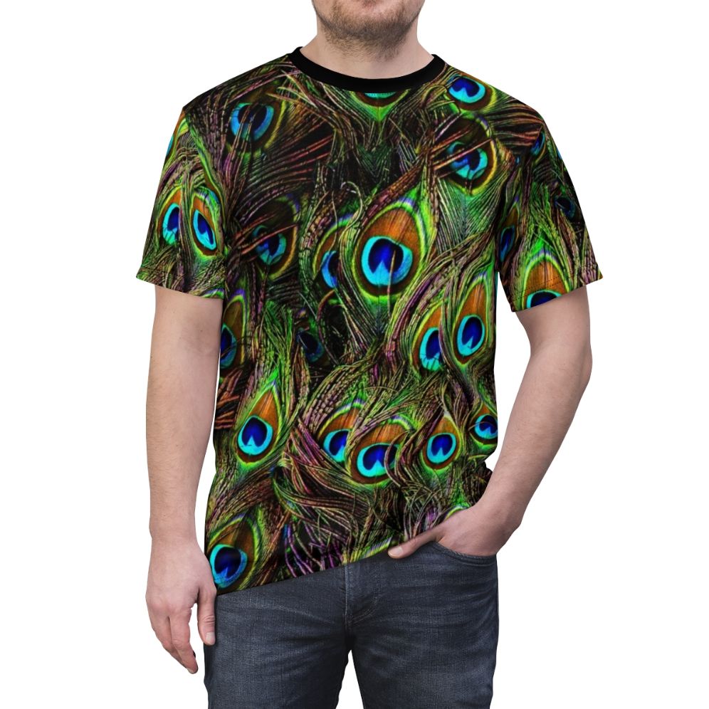 Closeup of a colorful peacock feather pattern on a t-shirt - men front