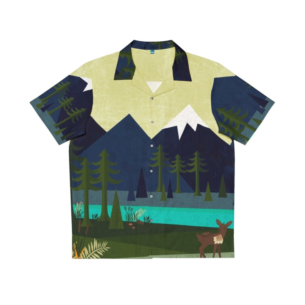 Colorful Hawaiian shirt with nature landscape and deer