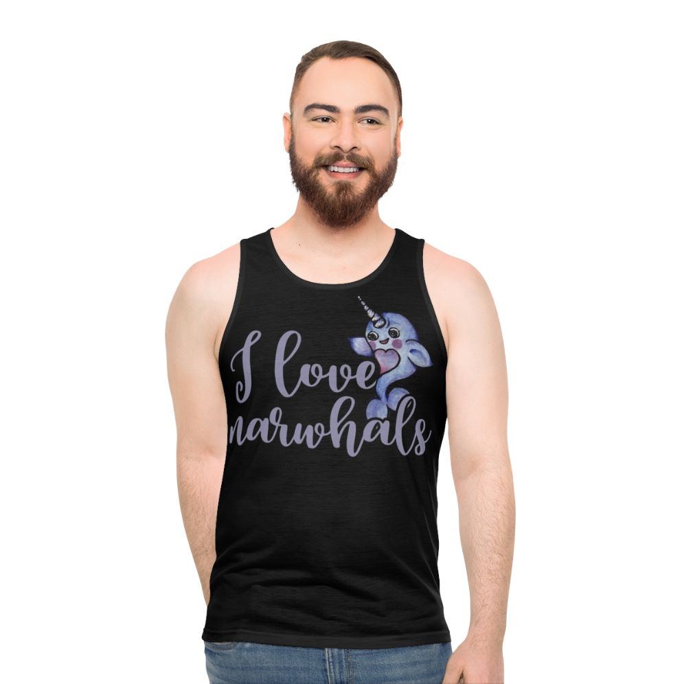 Unisex narwhal tank top with "I Love Narwhals" design - men