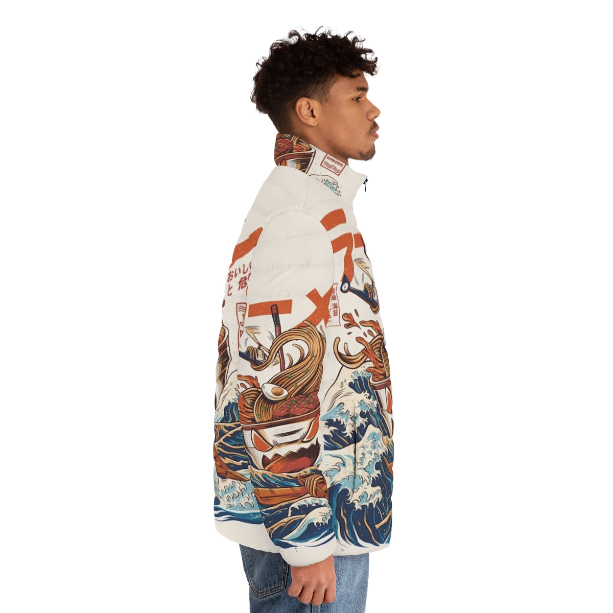 Puffer jacket featuring a vintage Japanese-style illustration of a kaiju monster emerging from a bowl of ramen noodles - men side right