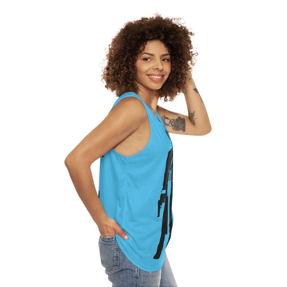 Unisex tank top with movie and anime-inspired minimal design - women side