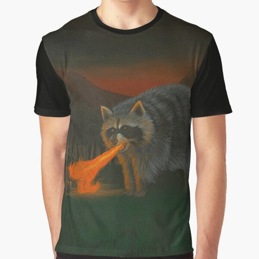 A graphic t-shirt featuring a fire-breathing raccoon illustration