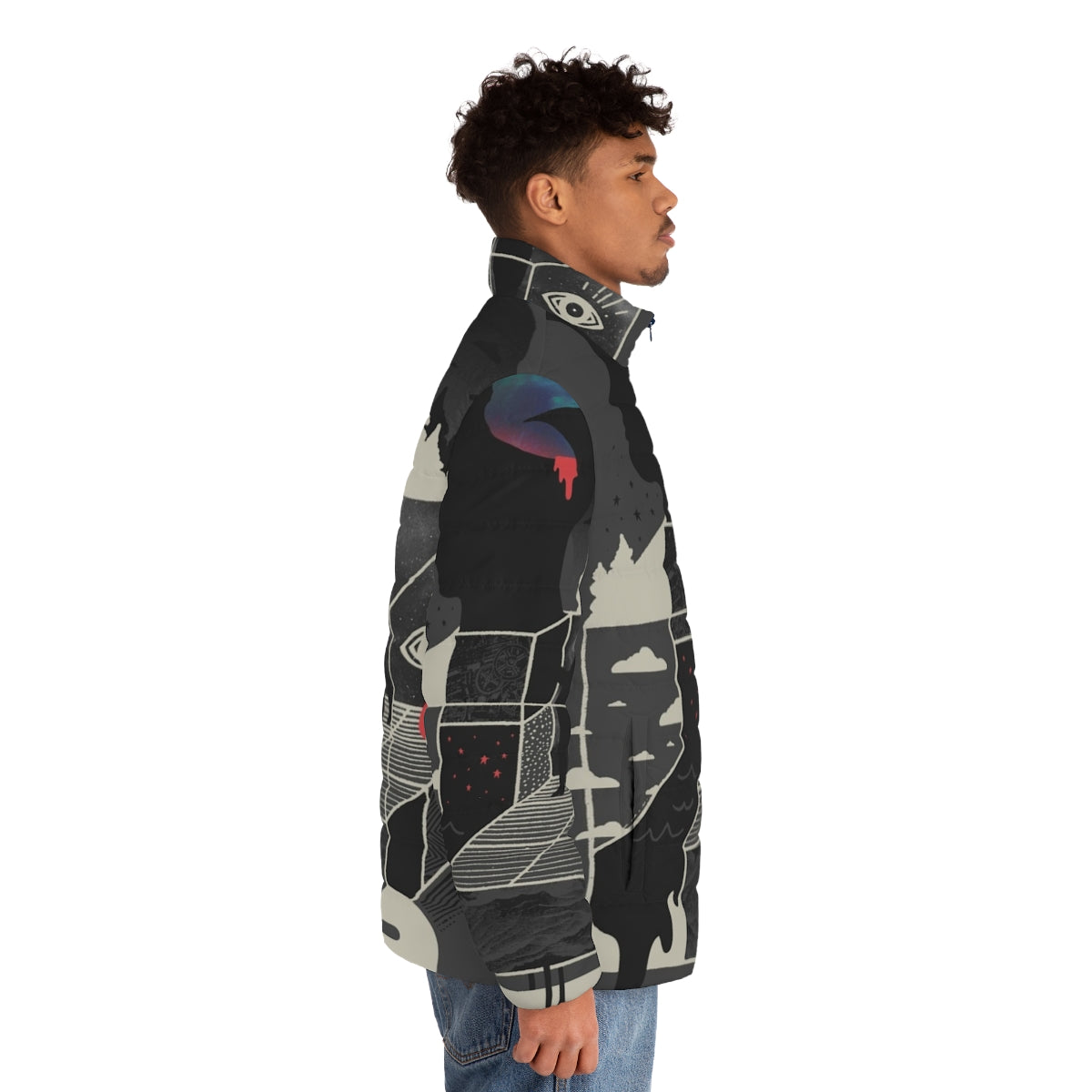 A puffer jacket featuring a surreal, dreamlike design with abstract shapes, clouds, and stars - men side right