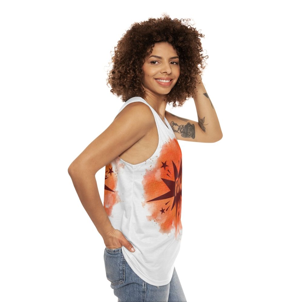 Watercolor superhero graphic on unisex tank top - women side