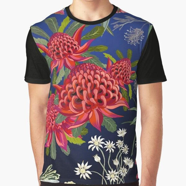 Australian native flowers, Waratah, blue and red contemporary floral art graphic on t-shirt