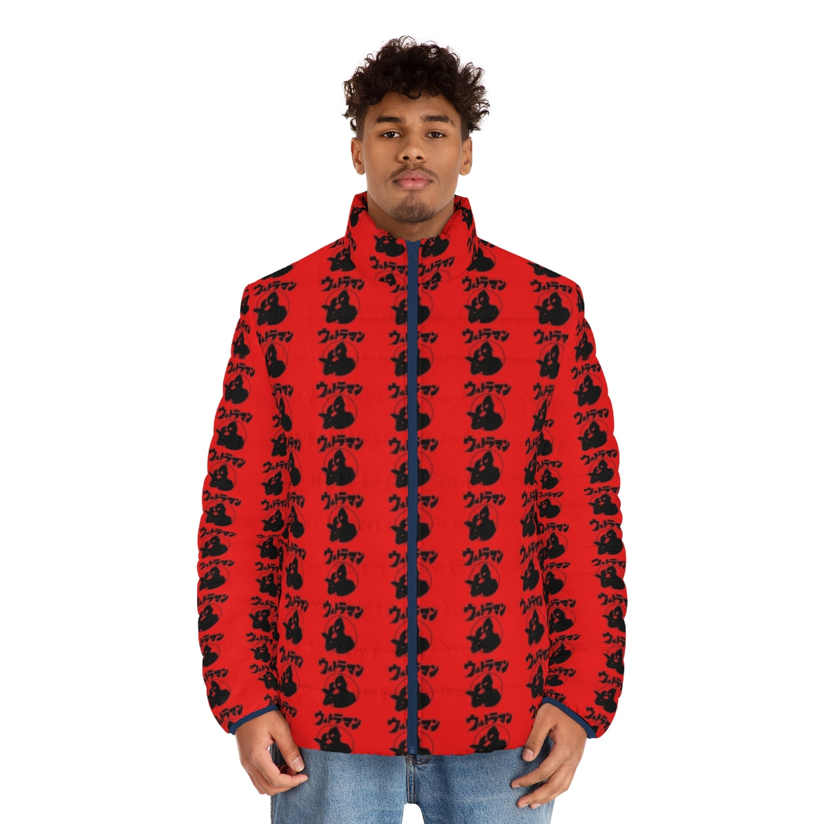 Ultra Kaiju Puffer Jacket featuring Ultraman and classic Japanese kaiju monsters - men front