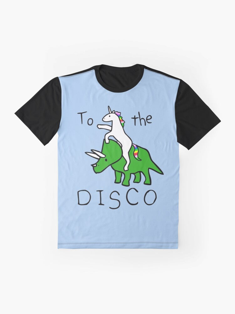 A graphic t-shirt design featuring a unicorn riding a triceratops in a disco setting. - Flat lay