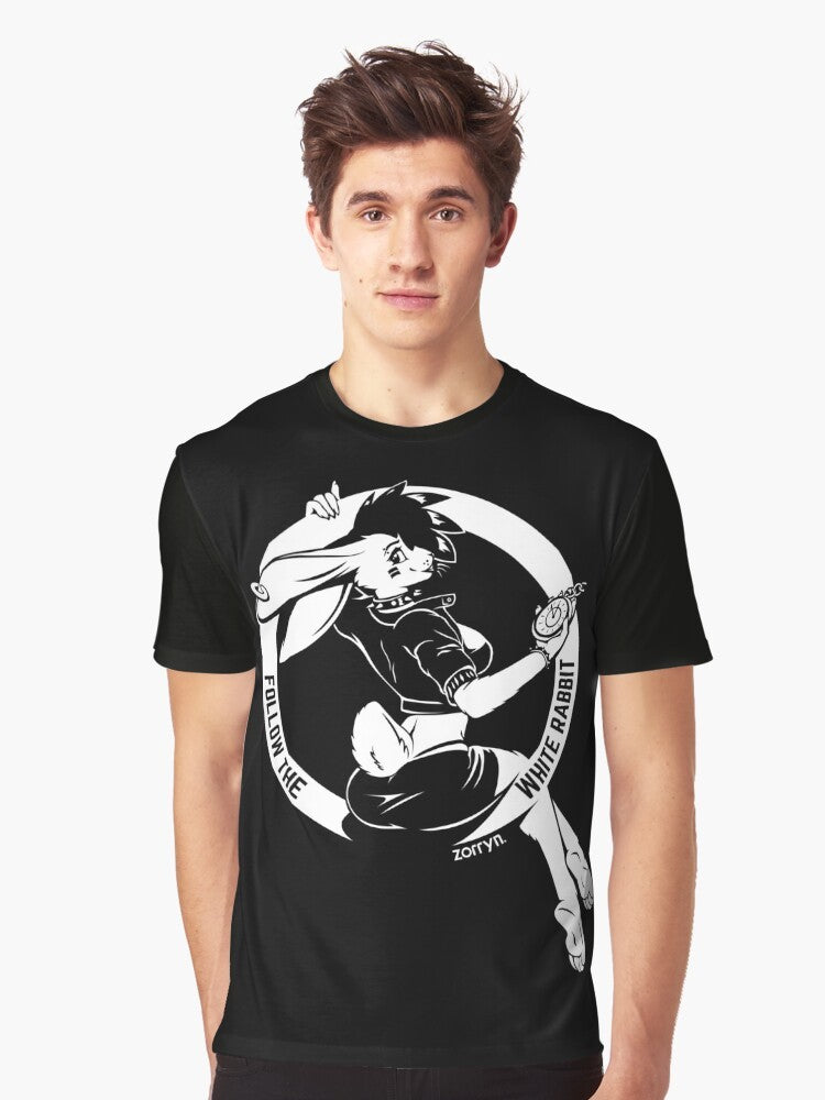 Alice in Wonderland-inspired graphic t-shirt with a white rabbit design on a black background - Men