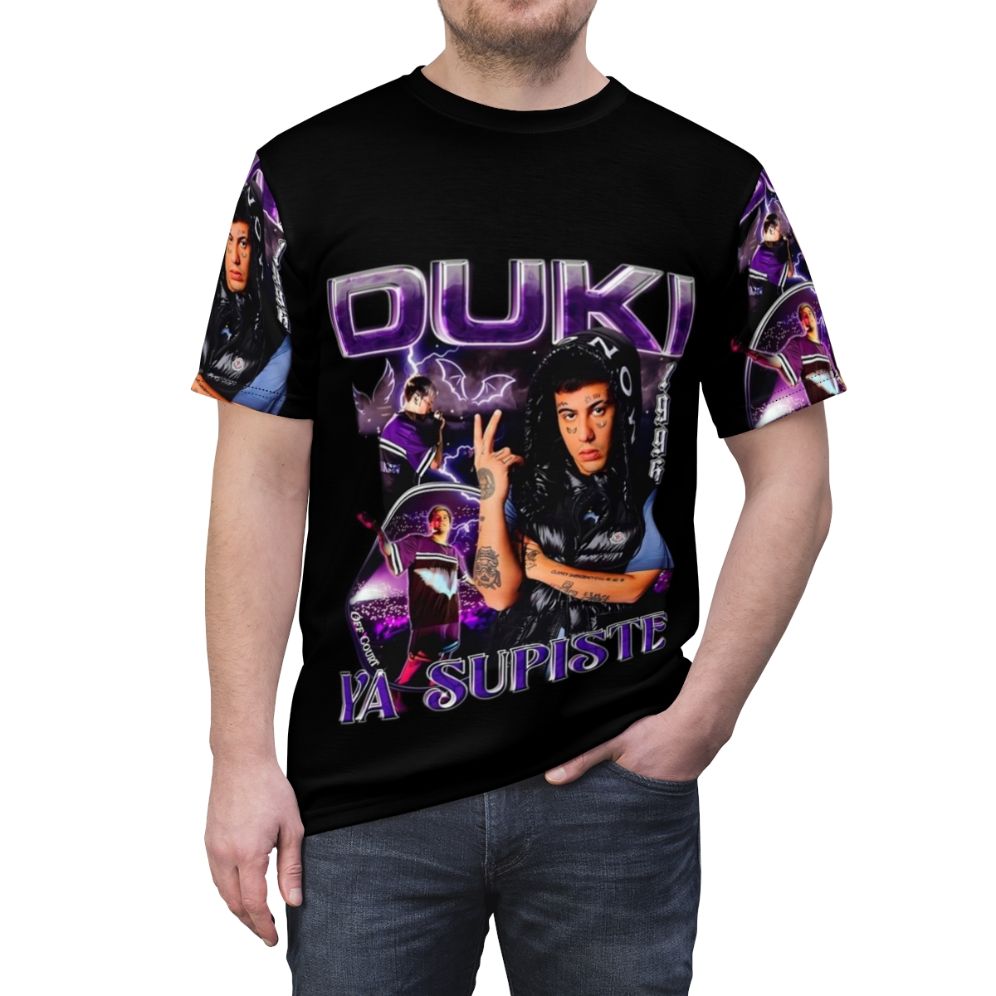 Duki inspired all-over print t-shirt with trap music and argentinian artist graphics - men front