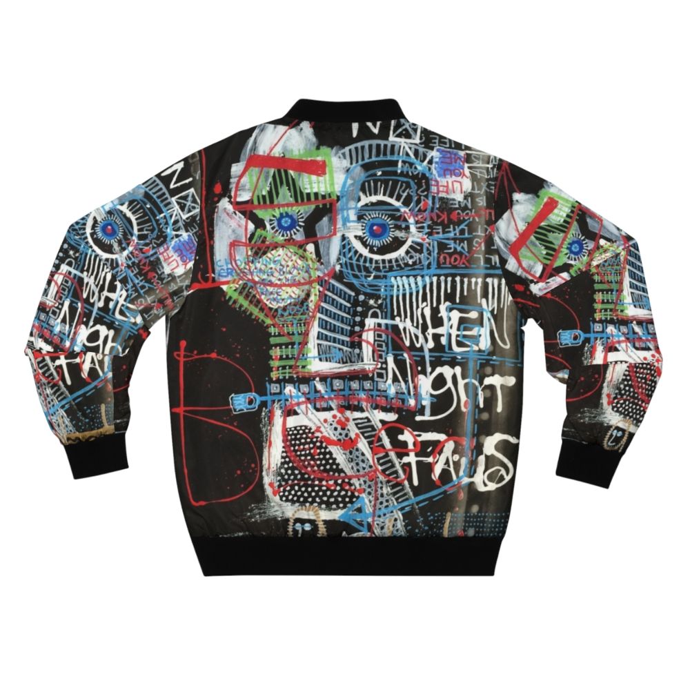 Contemplating Bomber Jacket - An abstract, neo-expressionist design featuring a face and words by mijumi art - Back