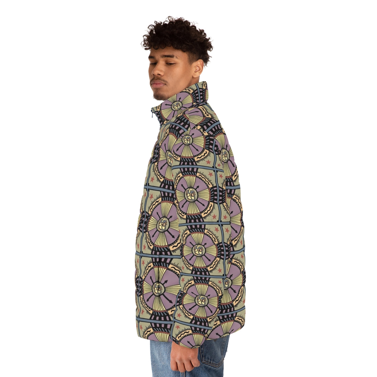 Person wearing Heartifact Follow Your Heart Puffer Jacket with mandala pattern - men side left