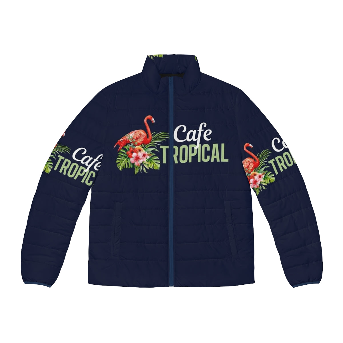 Cafe Tropical Schitts Creek Puffer Jacket with Flamingo Design