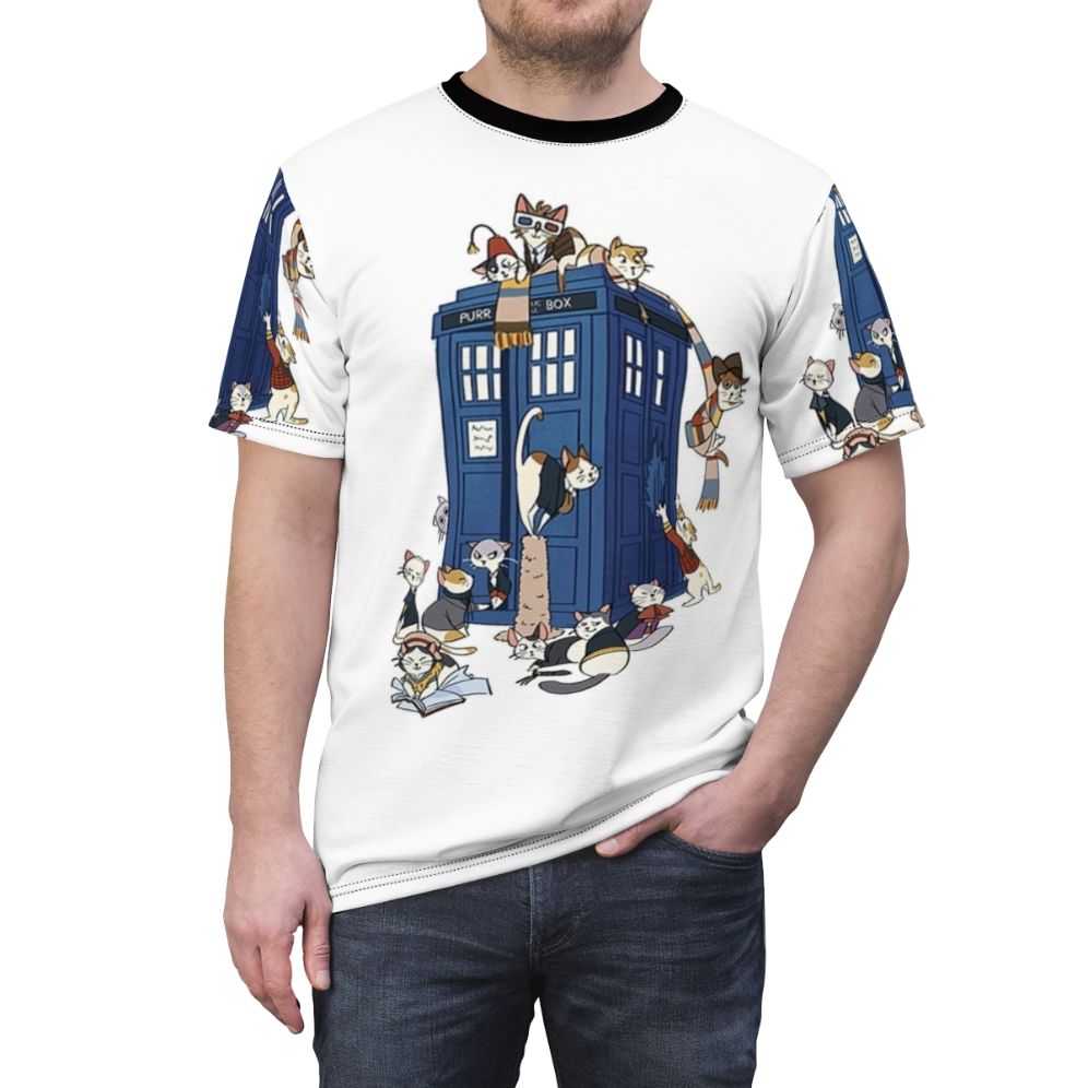 Whimsical t-shirt design featuring a cat dressed as the iconic Time Lord from the Doctor Who series - men front