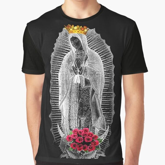 Our Lady of Guadalupe Virgin Mary graphic t-shirt celebrating Mexican Catholic faith and the apparition of the Blessed Virgin Mary to Juan Diego.