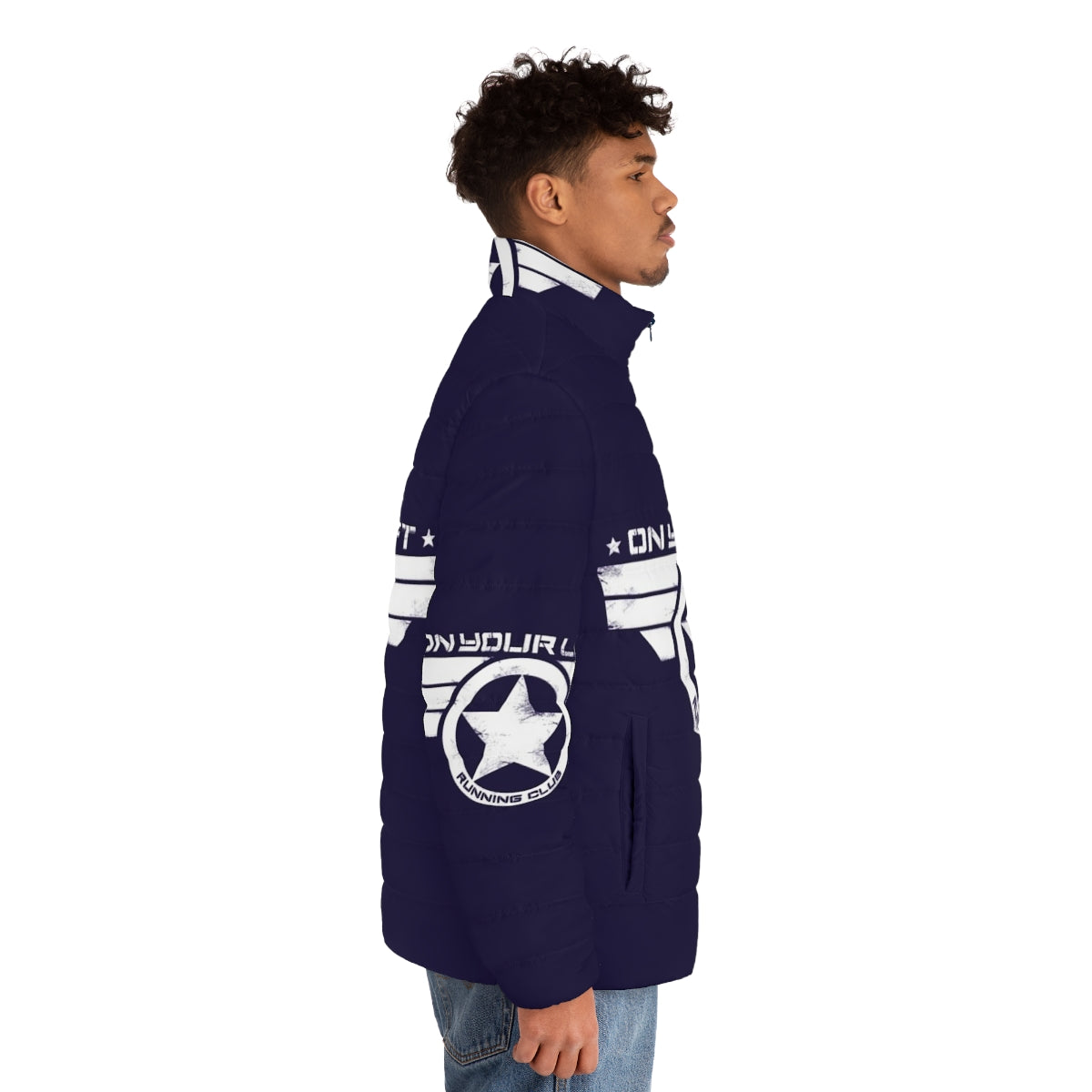 Captain America inspired puffer jacket with distressed "On Your Left Running Club" print - men side right