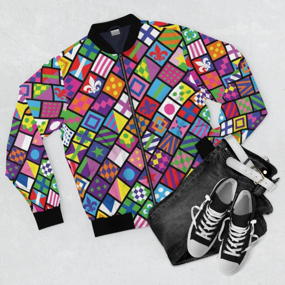 Colorful bomber jacket with horse racing and jockey silks design - Flat lay