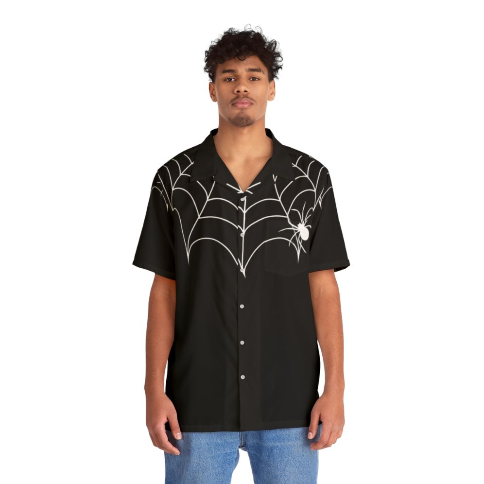 Spooky Black Widow Spider Web Collar Hawaiian Shirt - People Front