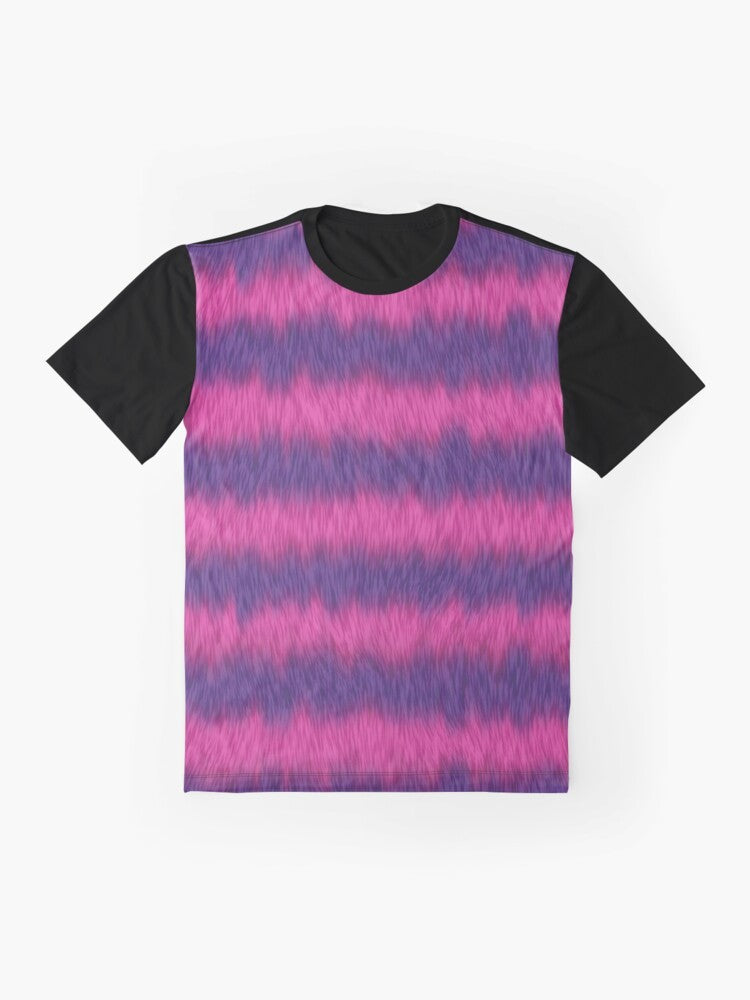 Cheshire Cat graphic t-shirt with striped and cute Alice in Wonderland design - Flat lay