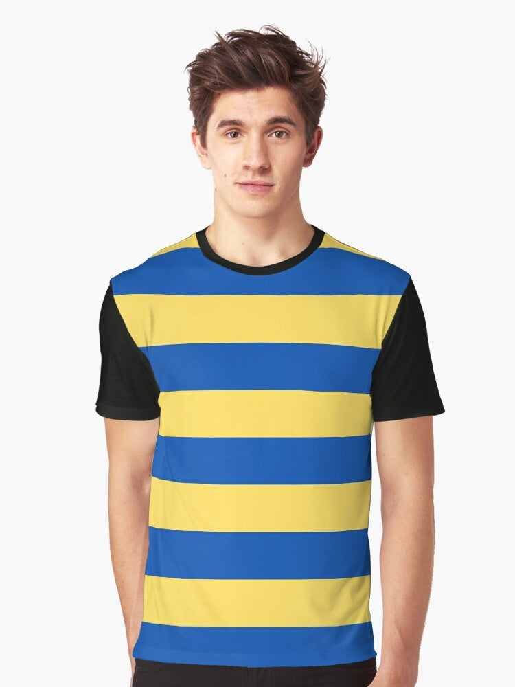 Blue and yellow striped graphic t-shirt with horizontal stripes pattern - Men