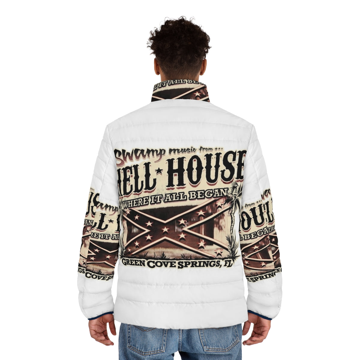 A puffer jacket featuring Hell House Swamp music for Skynyrd fans - men back