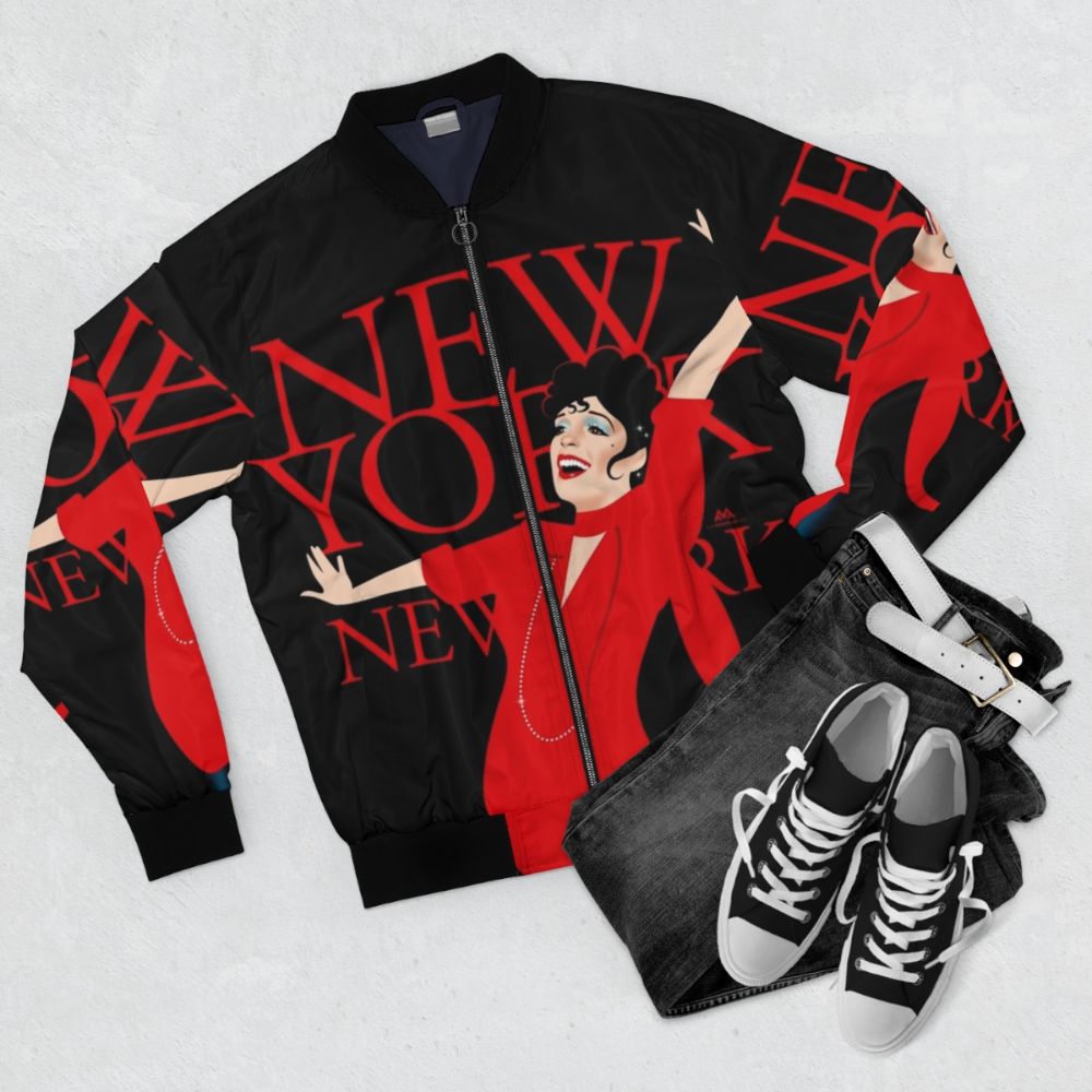 A stylish bomber jacket featuring the New York city skyline and artistic elements - Flat lay