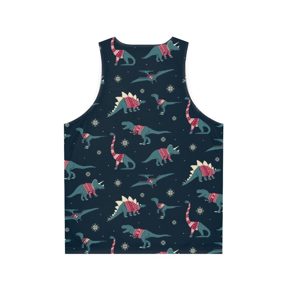 Unisex Dinos In Sweaters Tank Top featuring a graphic of dinosaurs wearing festive sweaters - Back