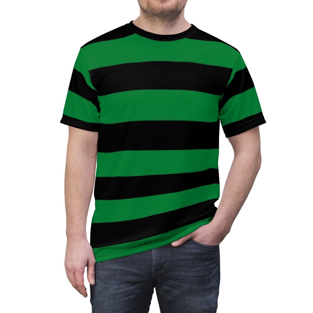 Stylish green and striped t-shirt with a unique horizontal stripe pattern design - men front