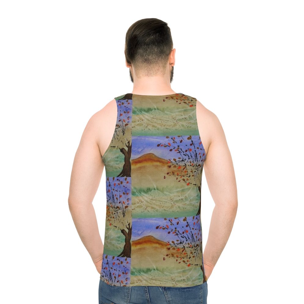 Windswept unisex tank top featuring a scenic landscape - men back