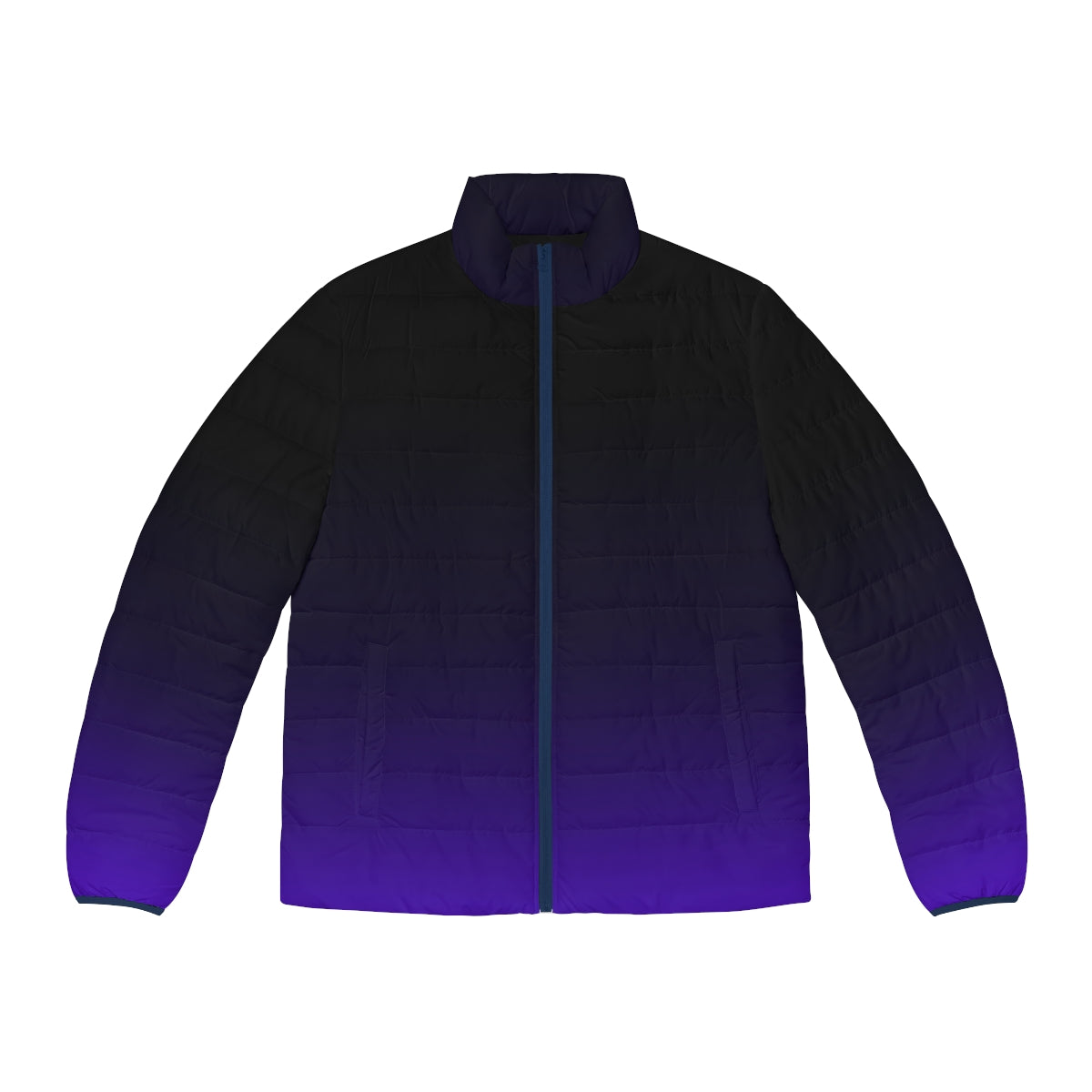 Gradient black and purple puffer jacket with a minimalistic celestial design