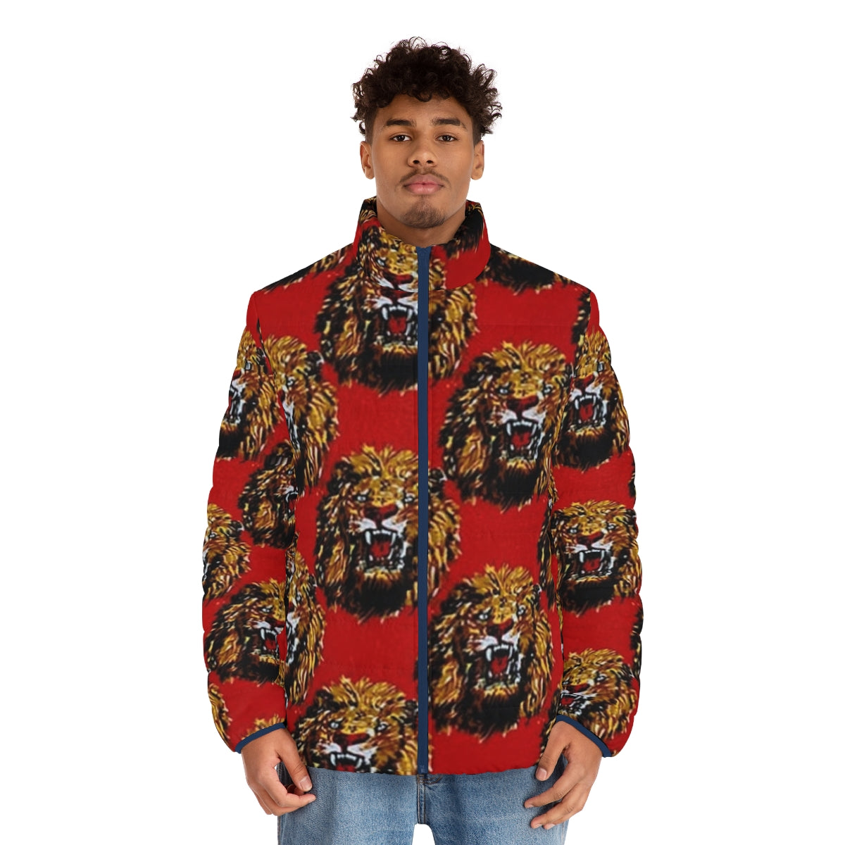 Red puffer jacket with Isi Agu (Lion Head) Igbo cultural patterns - men front