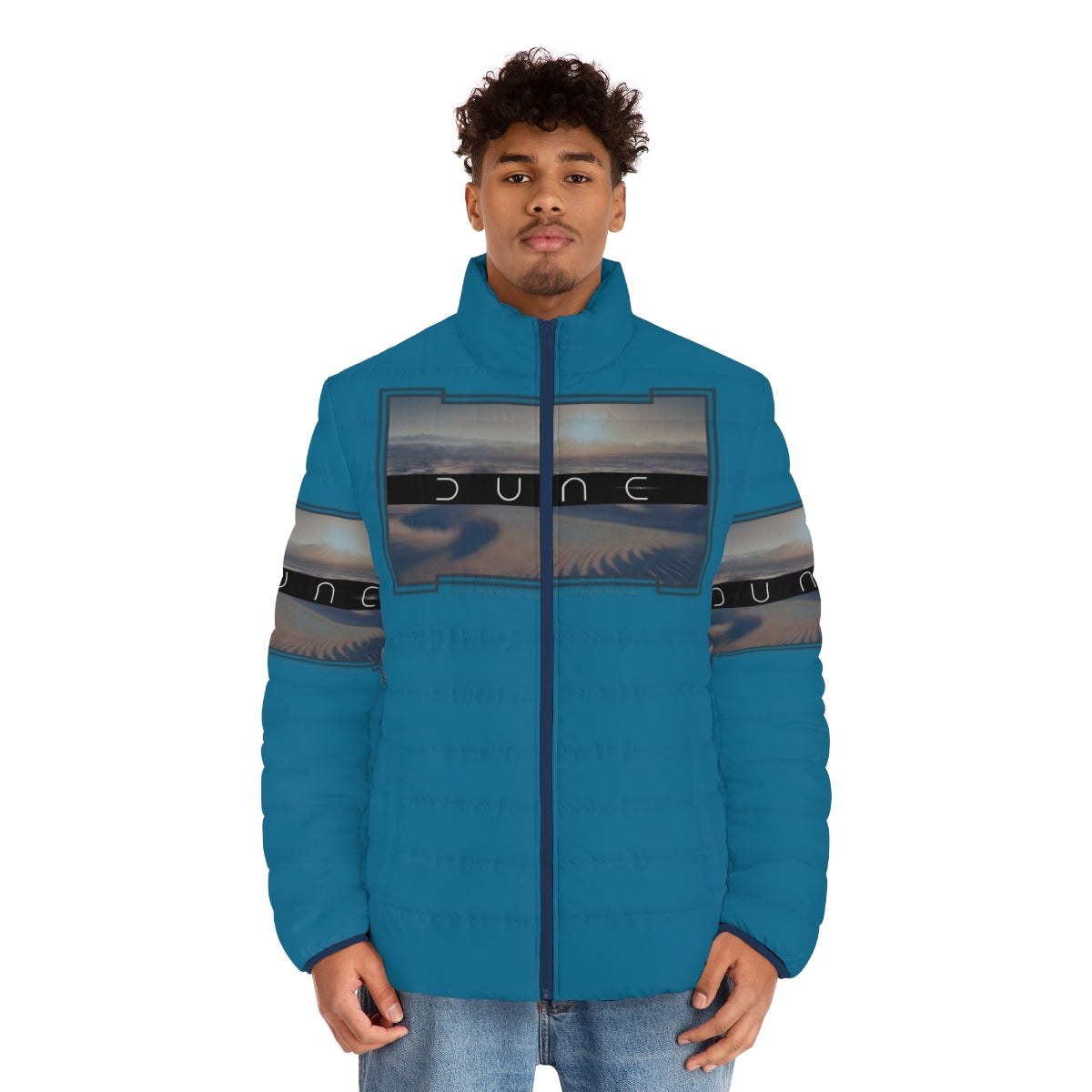 Dune-themed puffer jacket with a striking desert and twin moons graphic - men front