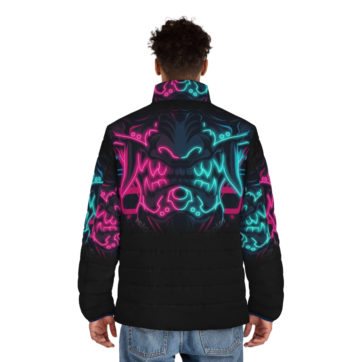 Neo Yokai Puffer Jacket featuring cyberpunk-inspired design and Japanese mythological elements - men back