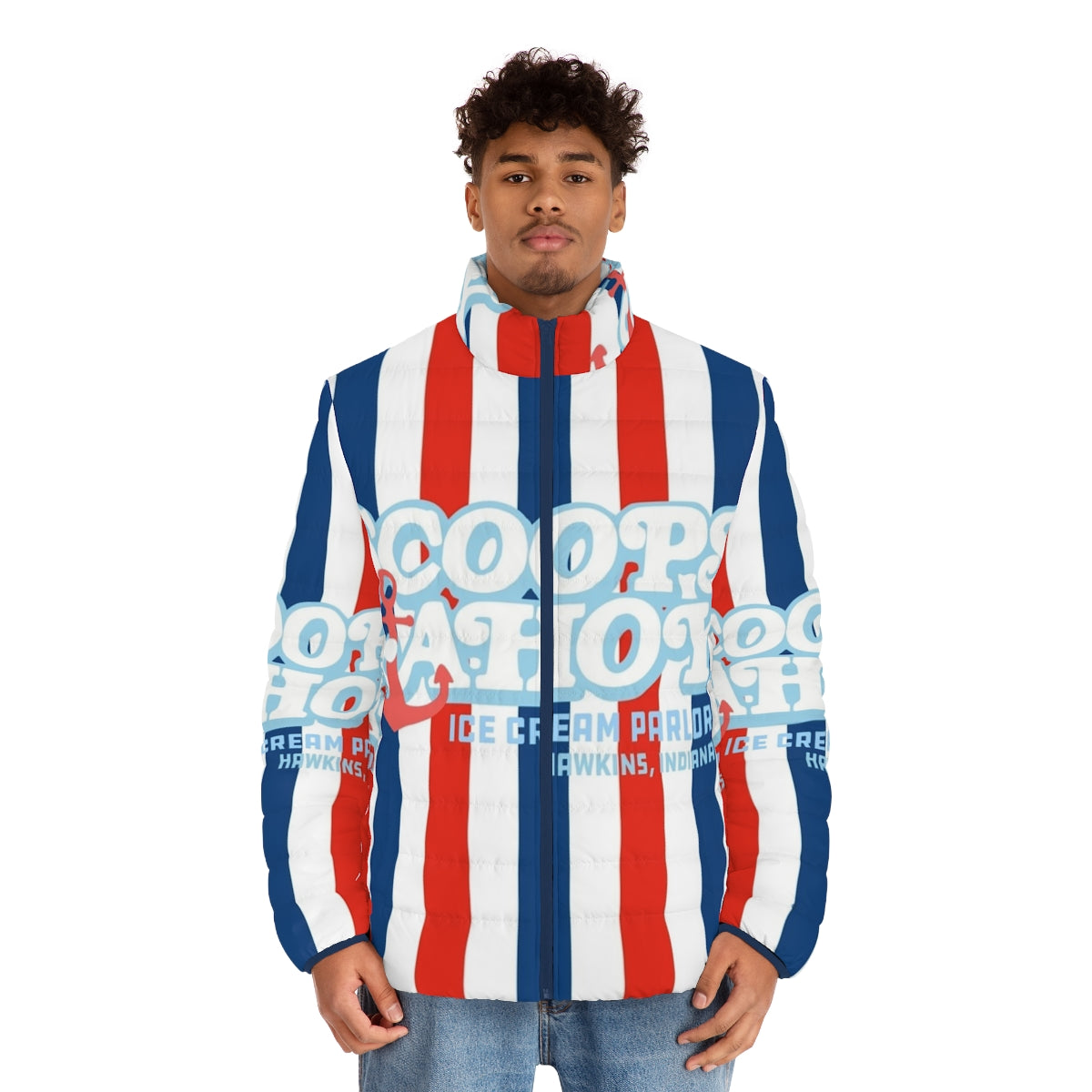 Scoops Ahoy Ice Cream Puffer Jacket featuring Stranger Things characters - men front