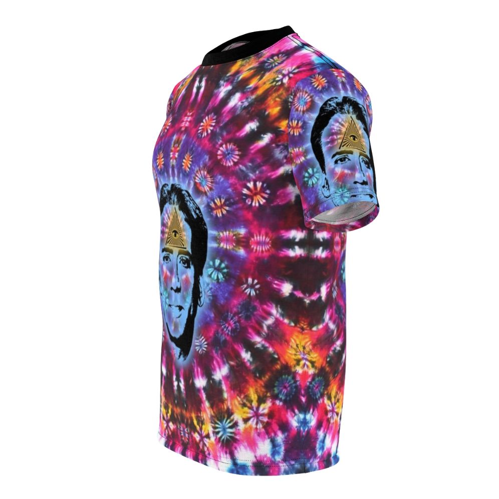 Tie dye t-shirt featuring a graphic design of Nicolas Cage's face - men left