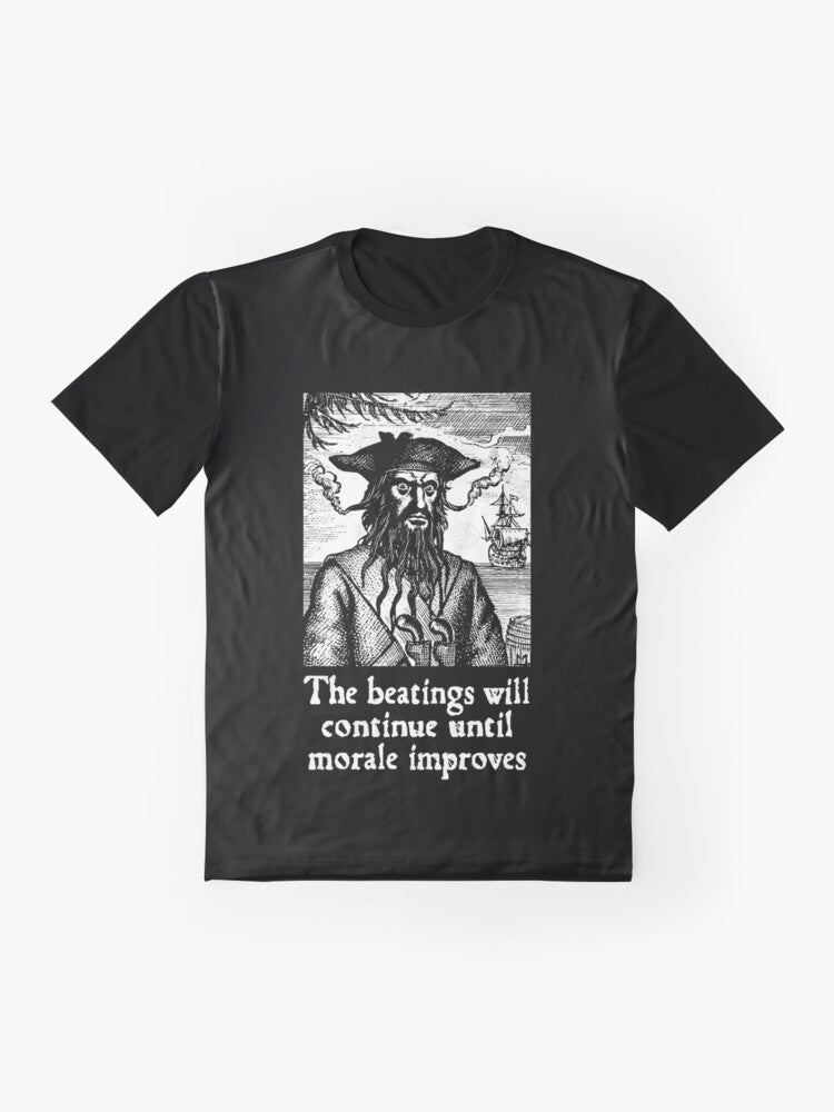 Pirate-inspired graphic t-shirt with the text "The Beatings Will Continue until Morale Improves" - Flat lay