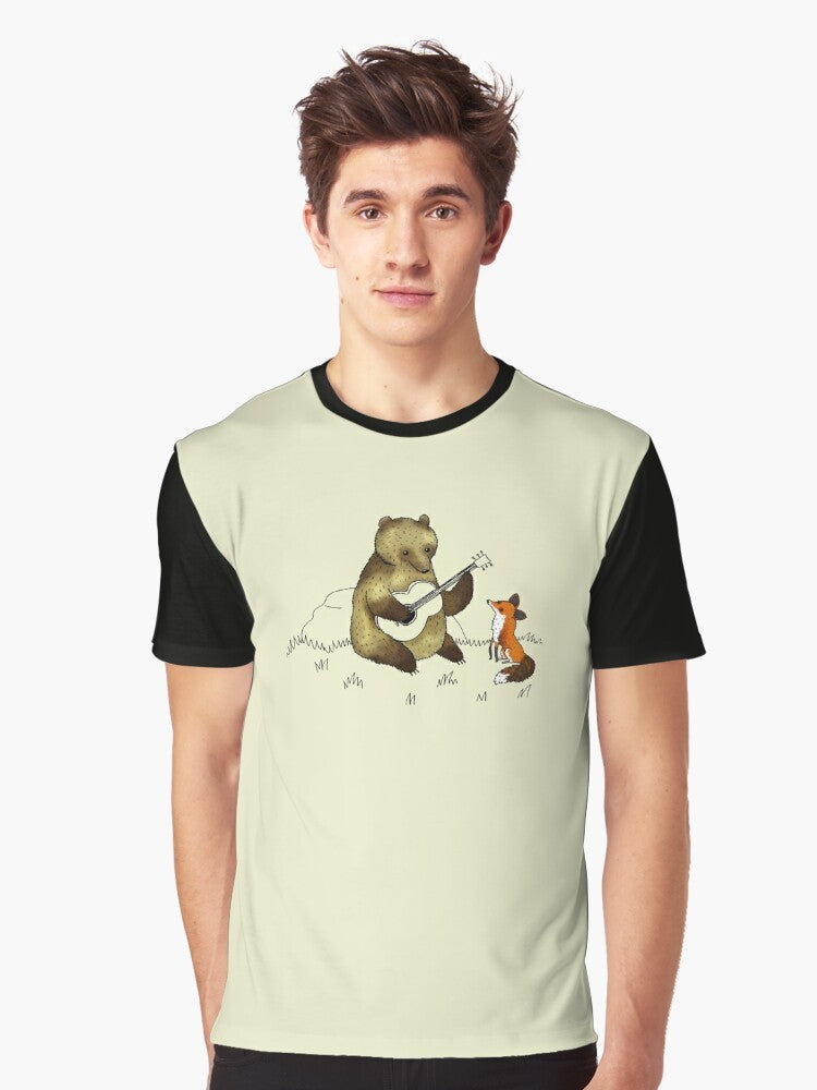 Cute illustration of a bear and a fox playing guitar in the woods - Men