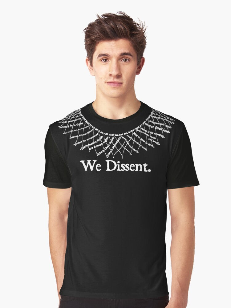 Graphic t-shirt with the text "We Dissent." featuring a design that represents civil rights, reproductive rights, and human rights movements. - Men