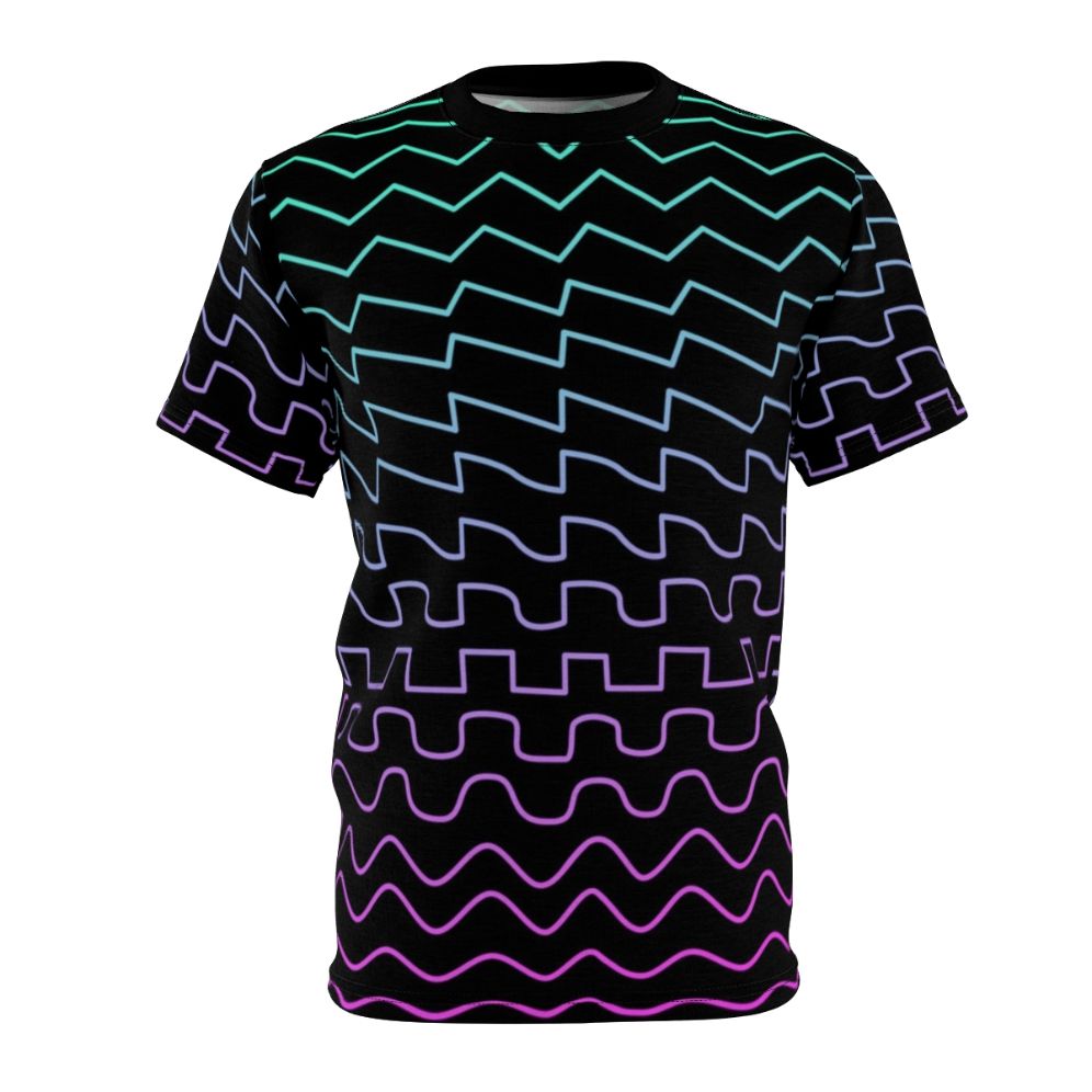 T-shirt featuring a stylized design of common synthesizer waveforms including sine, triangle, square, and saw.