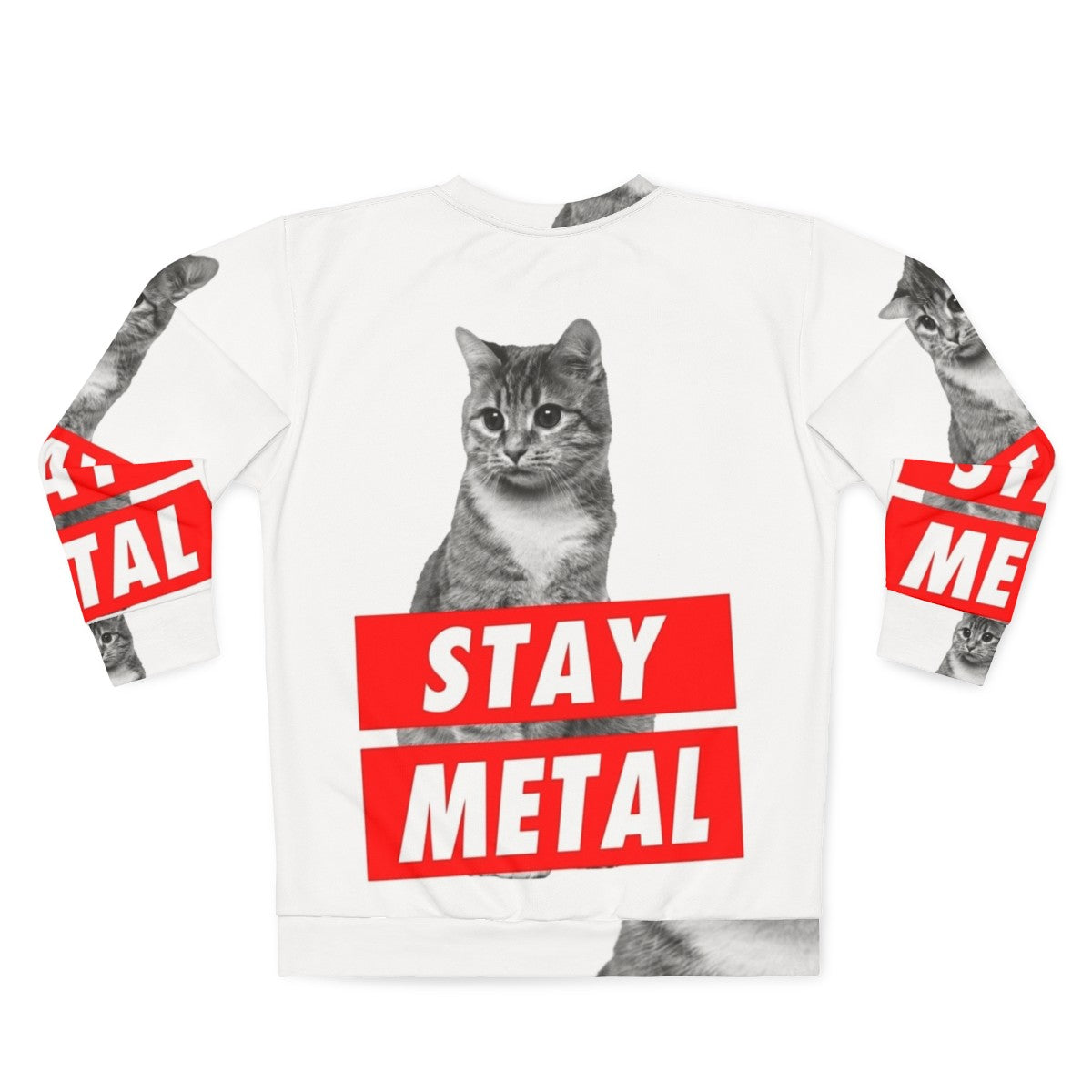 Stay Metal Heavy Metal Sweatshirt with Nicolas Cage Cat Meme Design - Back